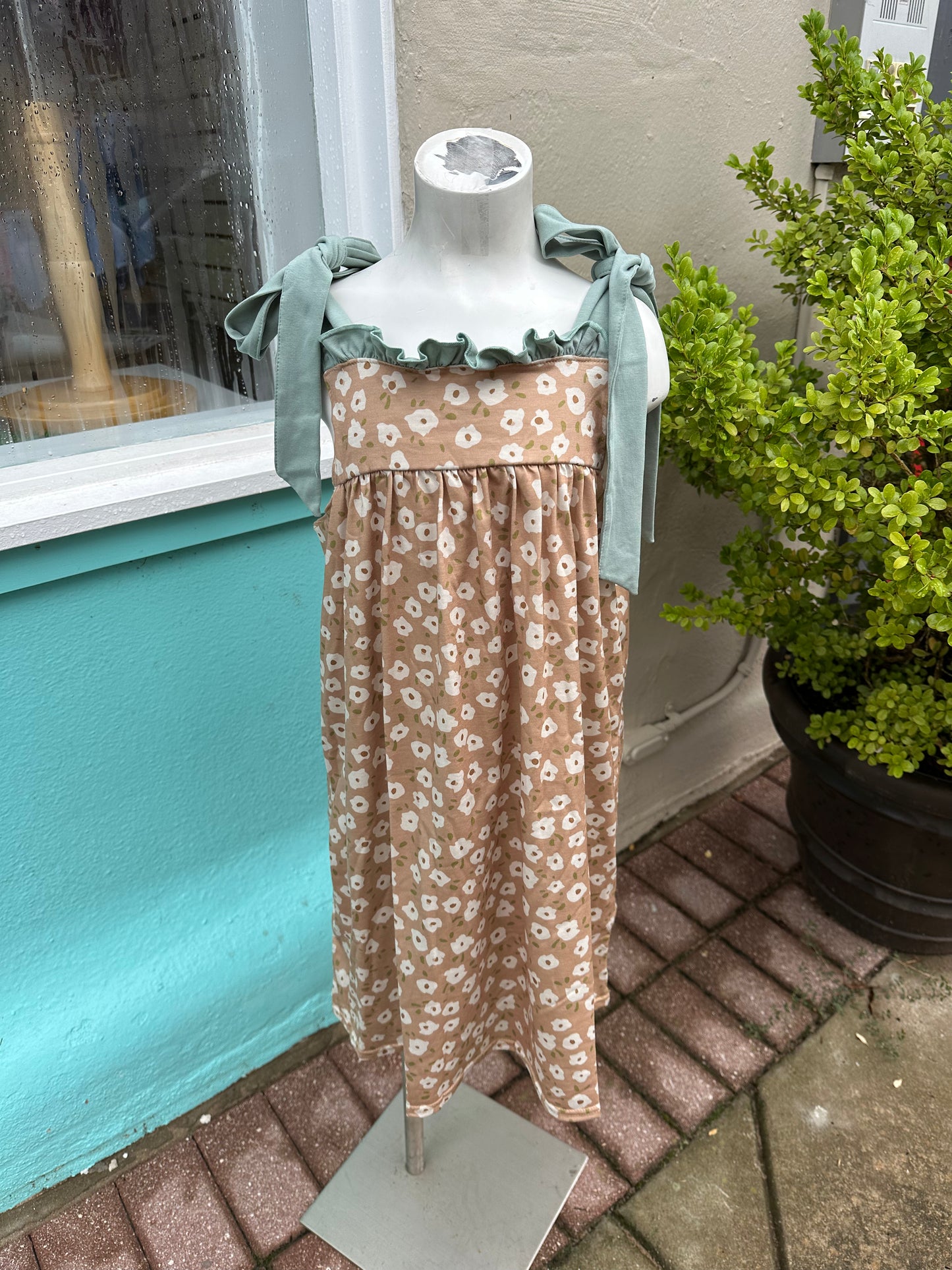 Tan floral ruffle tie dress