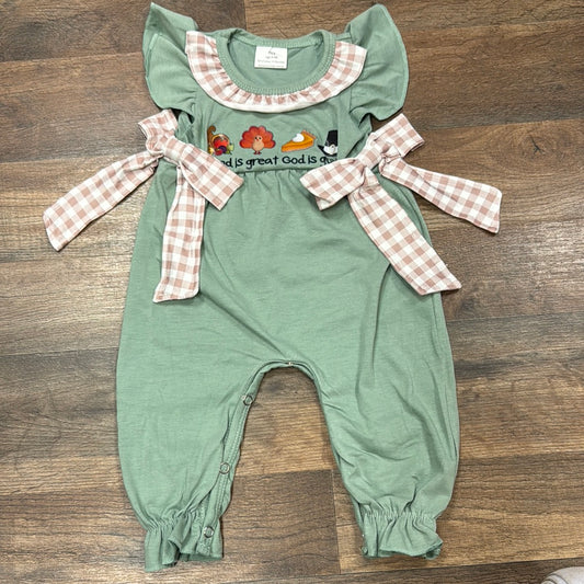 Girl God is Great God is Good teal/tan Romper