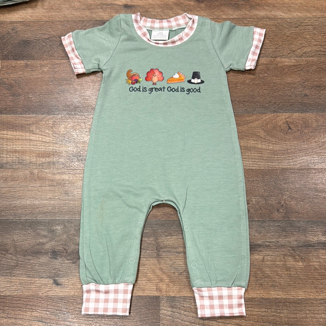 Boy God is Great God is Good teal/tan Romper