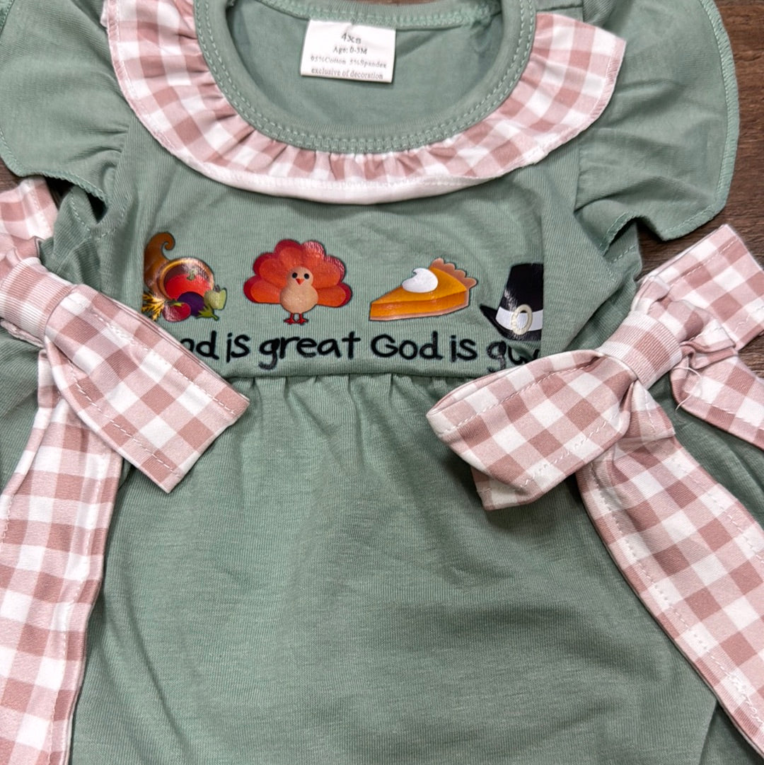 Girl God is Great God is Good teal/tan Romper