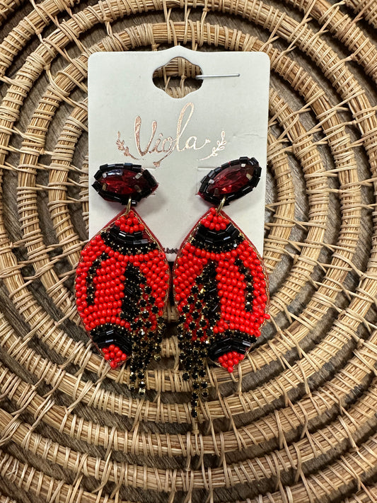 Red/black  beaded tassel football earrings