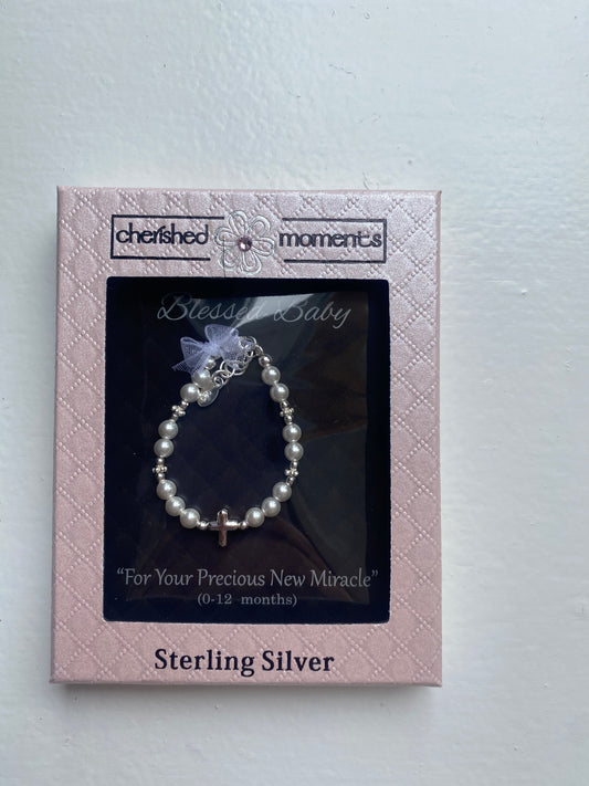 Silver Pearl Cross Bracelet (0-12M)