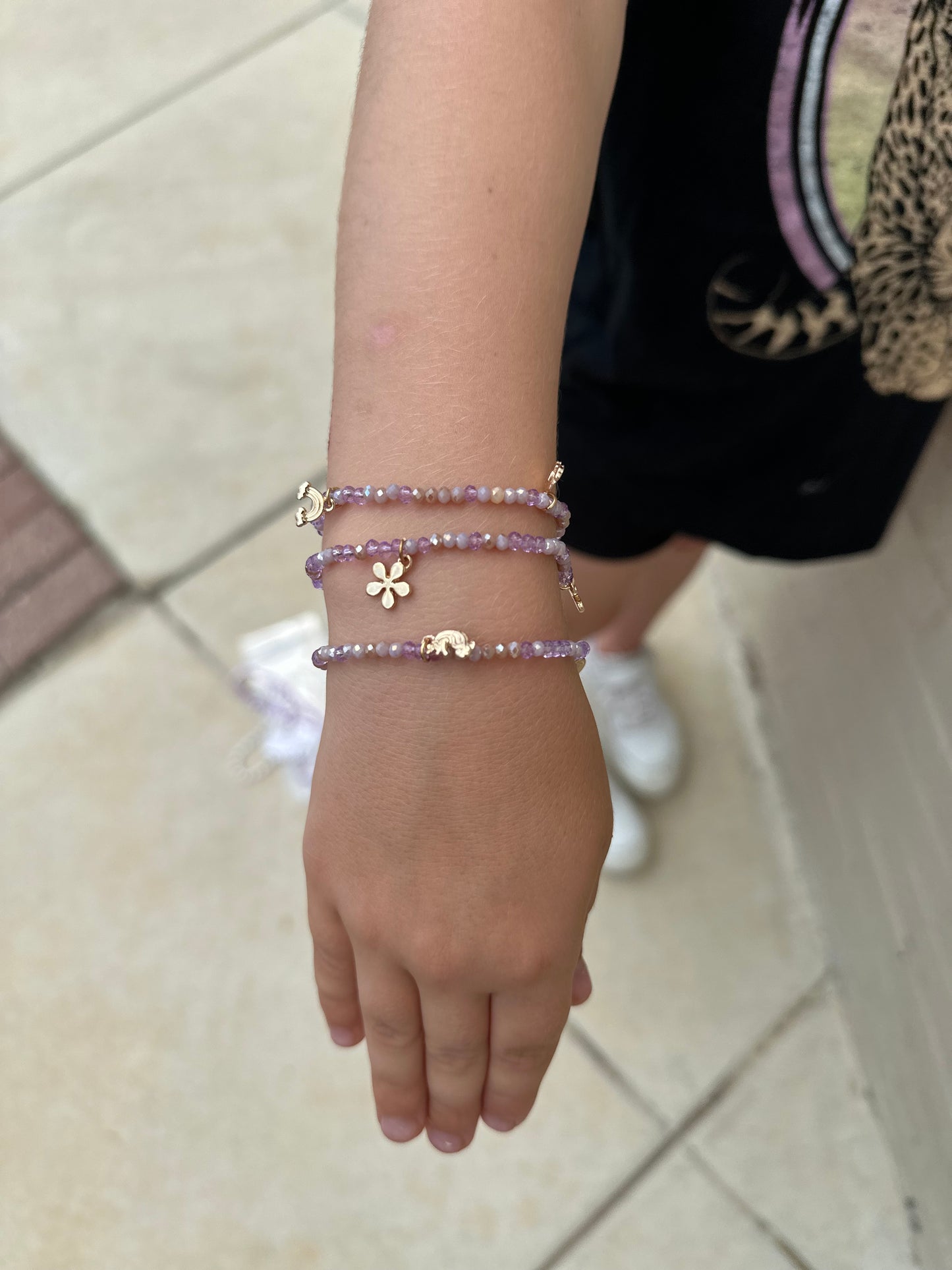 Light purple unicorn, rainbows flowers three stack bracelets