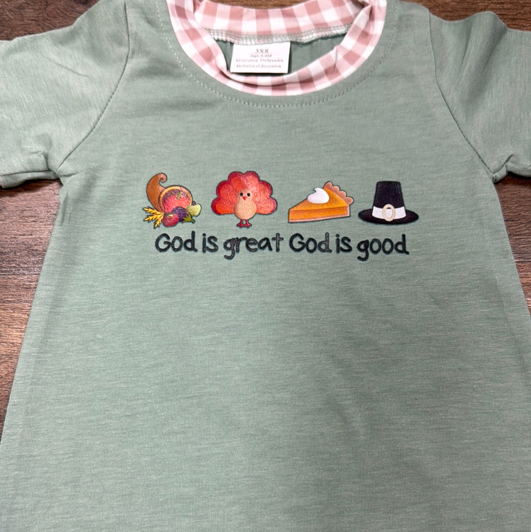 Boy God is Great God is Good teal/tan Romper