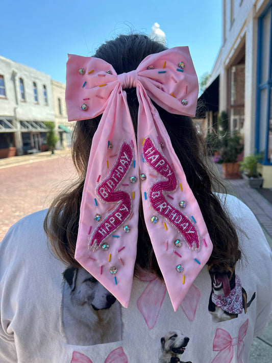 Pink happy birthday beaded bow