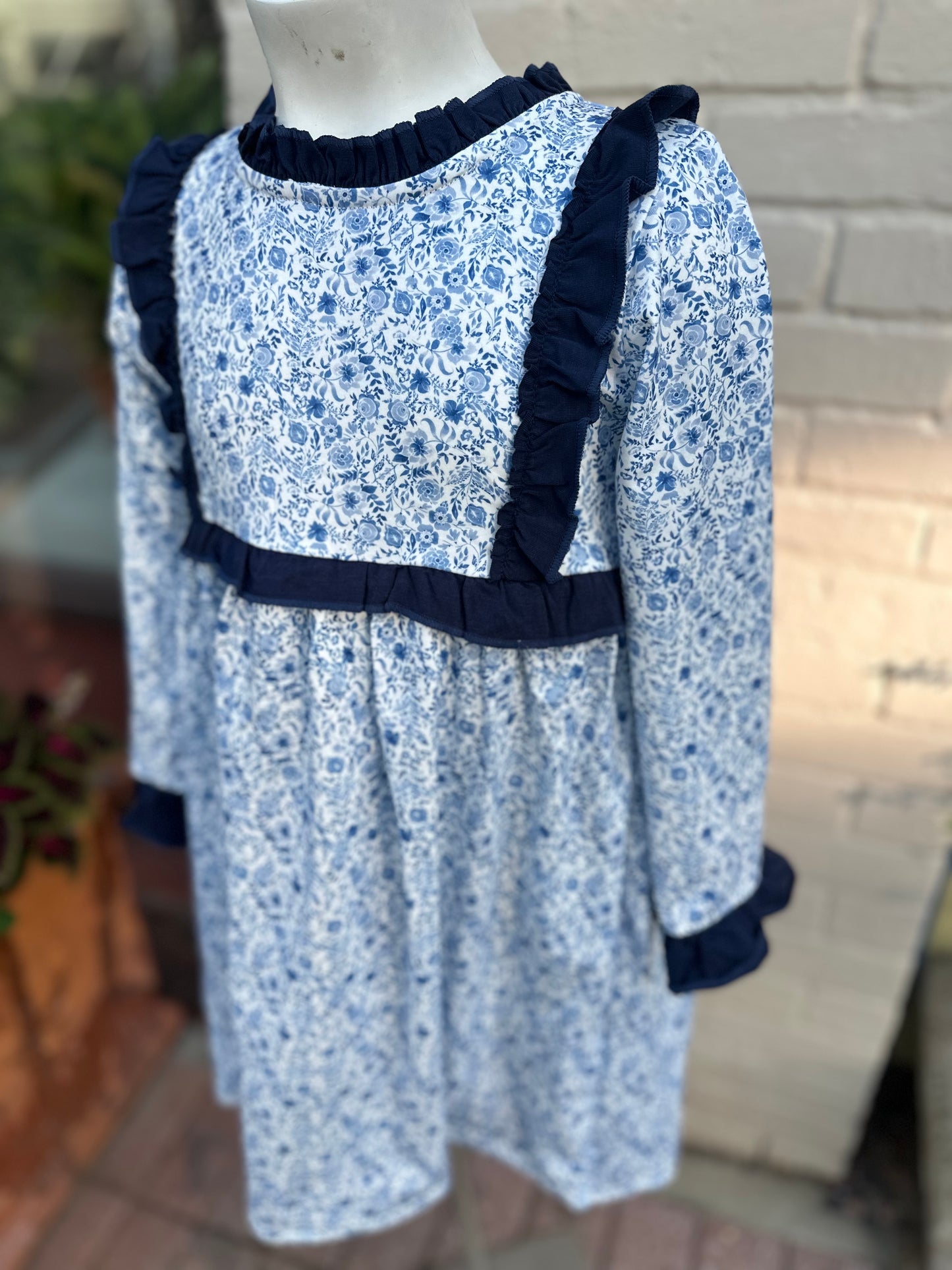 Blue floral print ruffle dress