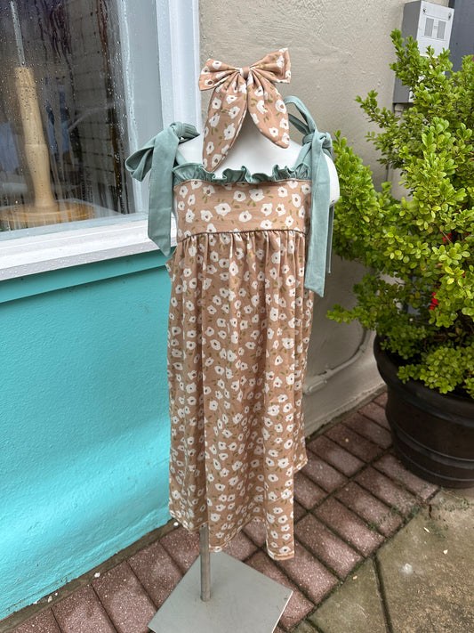 Tan floral ruffle tie dress