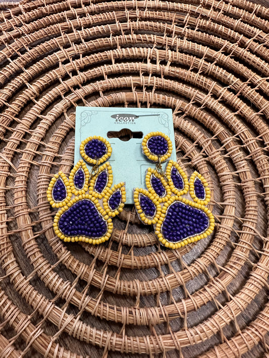 Purple/gold paw print beaded earrings