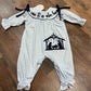 O come let us adore him girl navy embroidery Romper