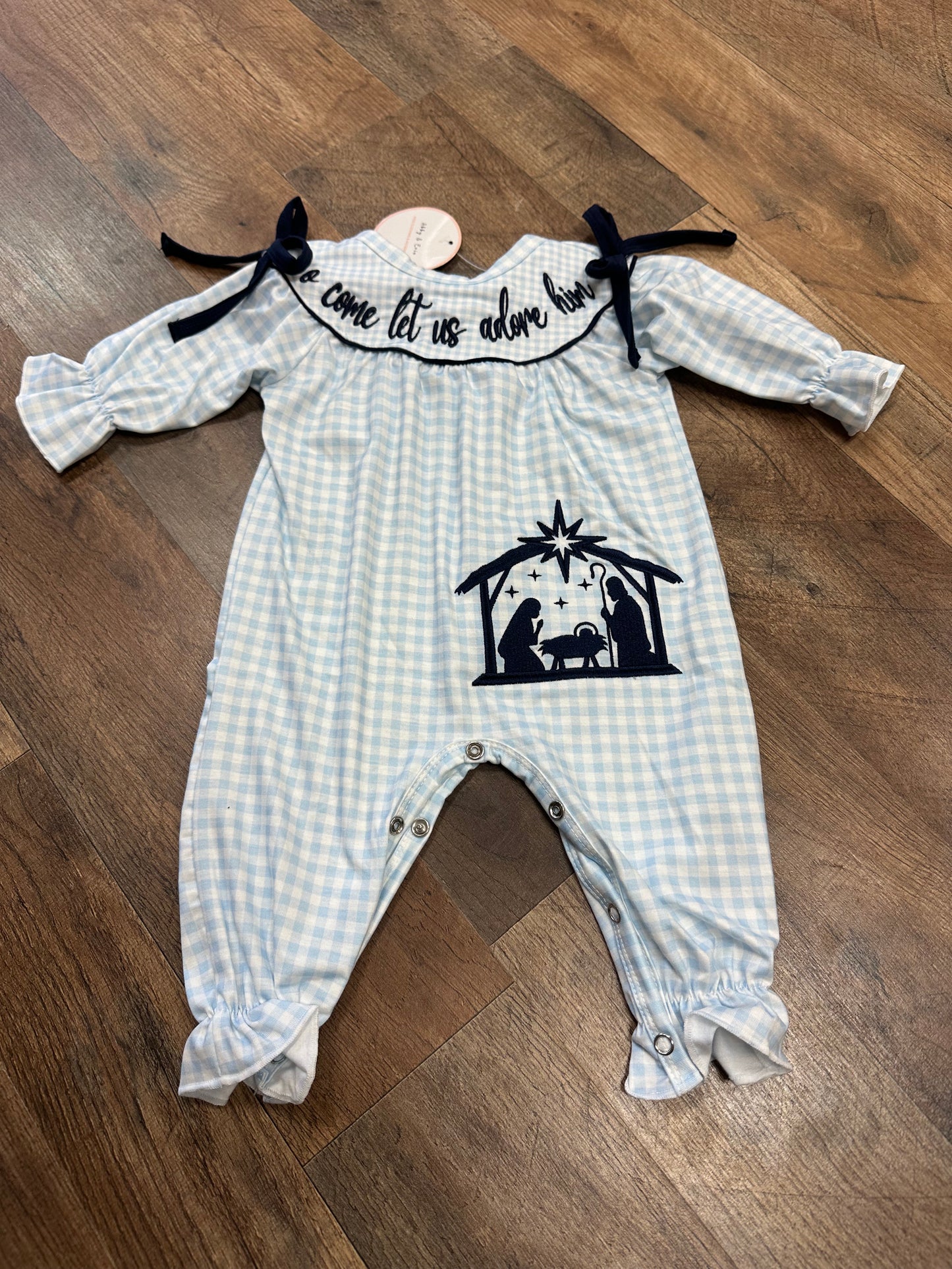 O come let us adore him girl navy embroidery Romper