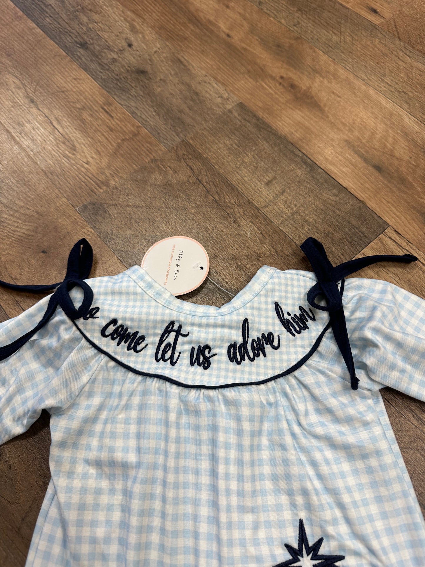 O come let us adore him girl navy embroidery Romper