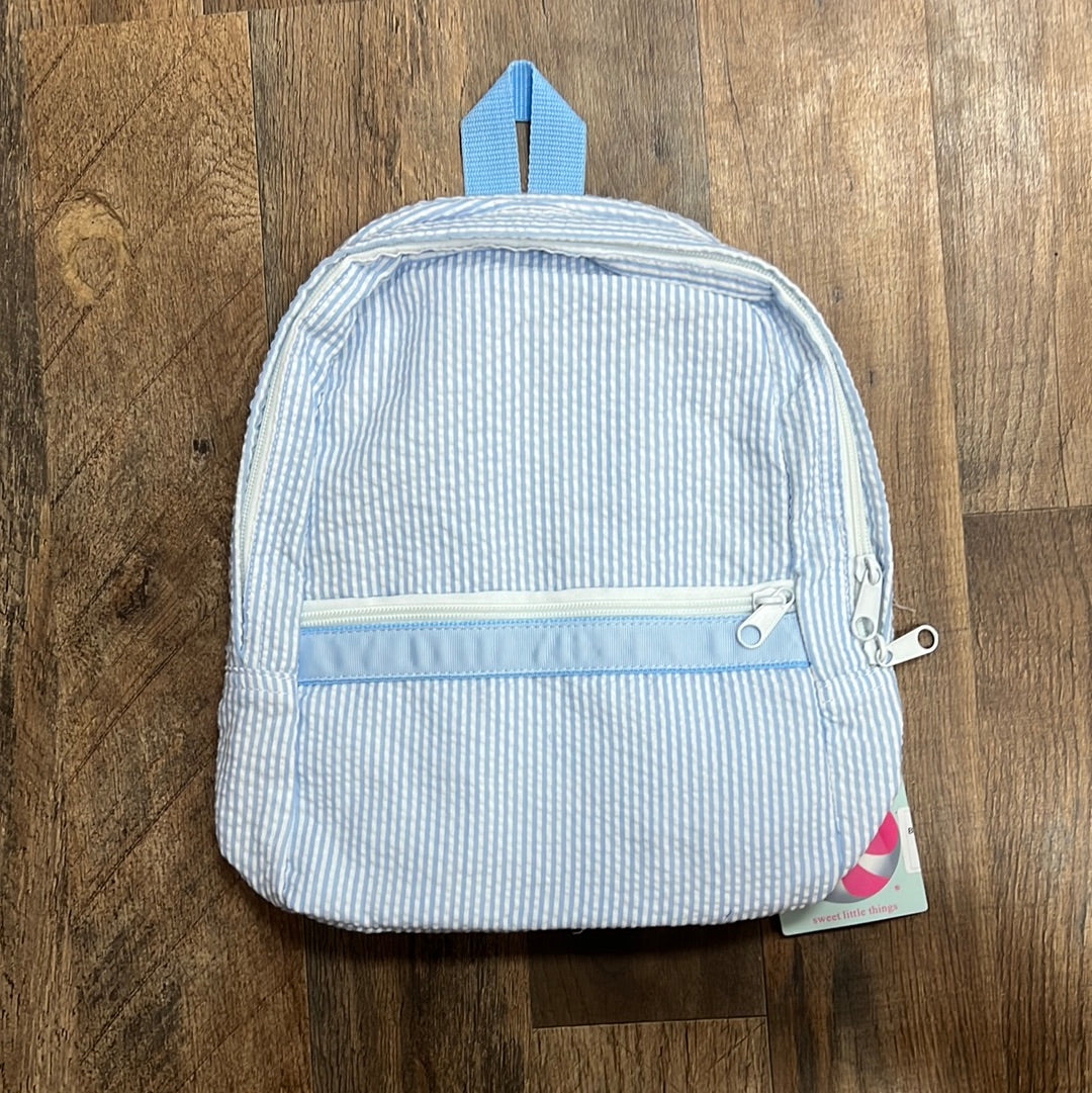 Small light blue seersucker backpack